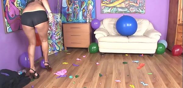  Latin teen sits on big balloons in high heels to pop